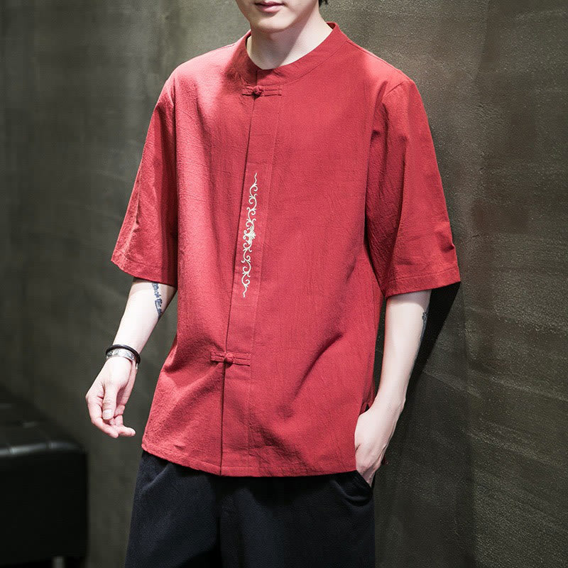 Buddha Stones Casual Jednokolorowa Żaba-Guzik Haft Męska Bawełniana Lniana Koszula Kardigan - Czerwony - US/UK/AU46， EU56 (5XL) - image 9