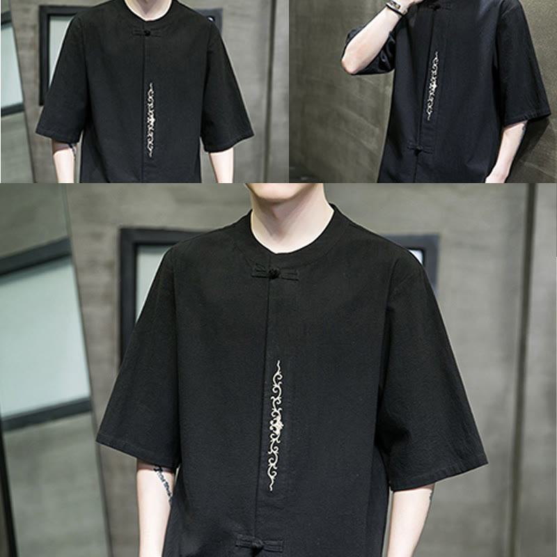 Buddha Stones Casual Jednokolorowa Żaba-Guzik Haft Męska Bawełniana Lniana Koszula Kardigan - image 24