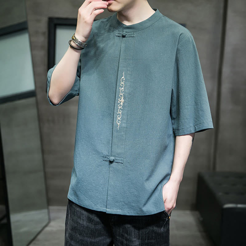 Buddha Stones Casual Jednokolorowa Żaba-Guzik Haft Męska Bawełniana Lniana Koszula Kardigan - image 4