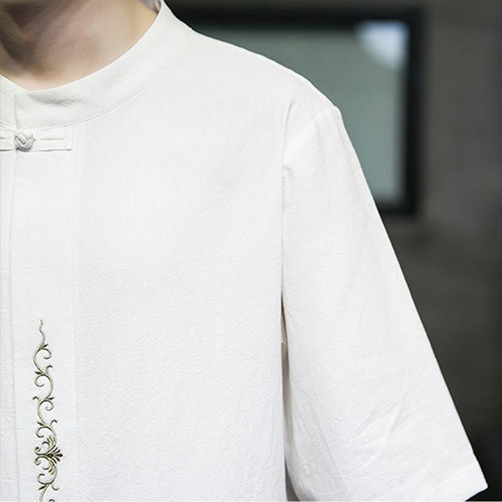 Buddha Stones Casual Jednokolorowa Żaba-Guzik Haft Męska Bawełniana Lniana Koszula Kardigan - image 29