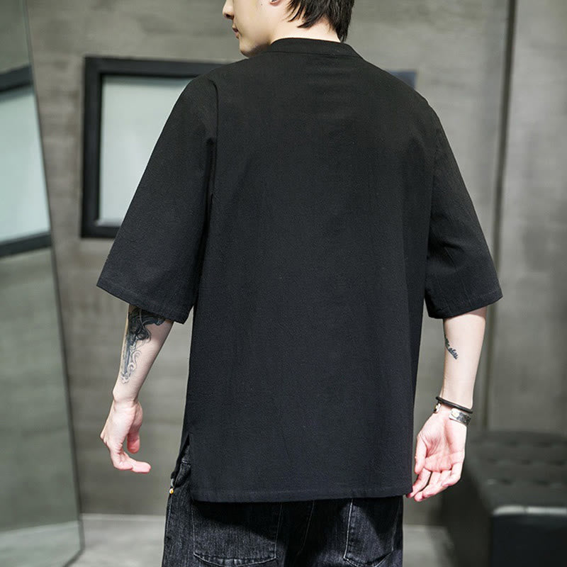 Buddha Stones Casual Jednokolorowa Żaba-Guzik Haft Męska Bawełniana Lniana Koszula Kardigan - image 19