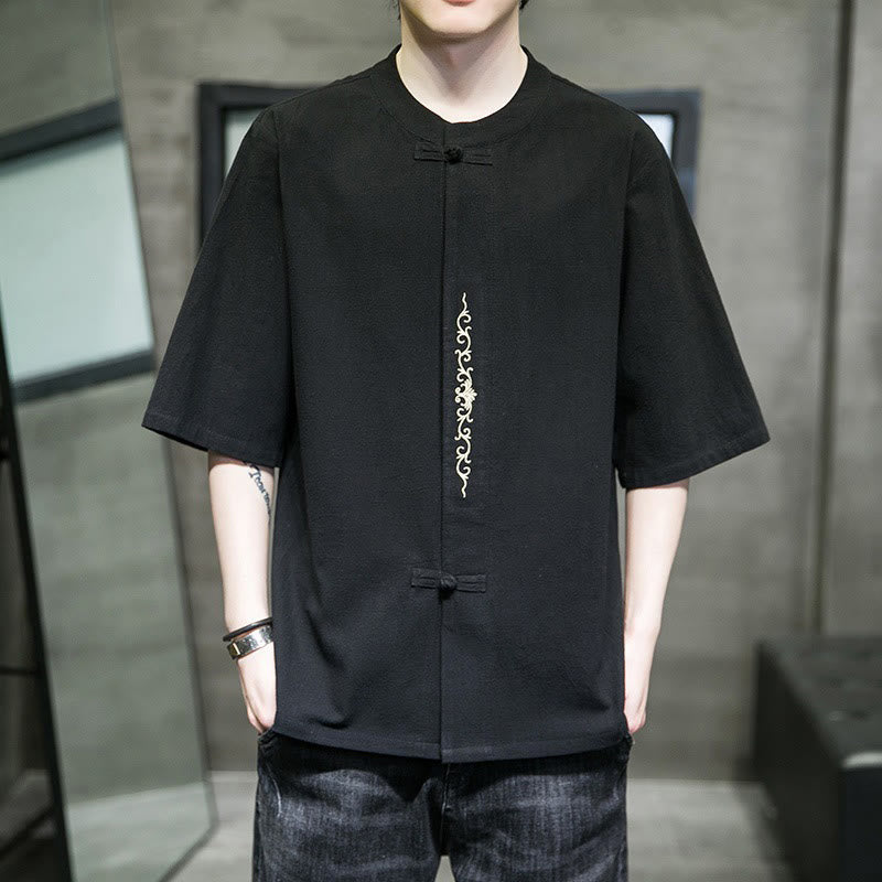 Buddha Stones Casual Jednokolorowa Żaba-Guzik Haft Męska Bawełniana Lniana Koszula Kardigan - image 21