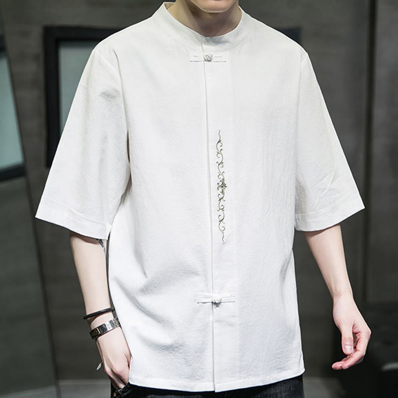 Buddha Stones Casual Jednokolorowa Żaba-Guzik Haft Męska Bawełniana Lniana Koszula Kardigan - image 28