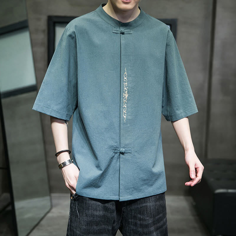 Koszula męska z bawełny i lnu z haftem w jednolitym kolorze i żabą "Buddha Stones" - CadetBlue - US/UK/AU46， EU56 (5XL) - image 0