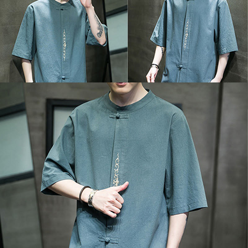 Buddha Stones Casual Jednokolorowa Żaba-Guzik Haft Męska Bawełniana Lniana Koszula Kardigan - image 8