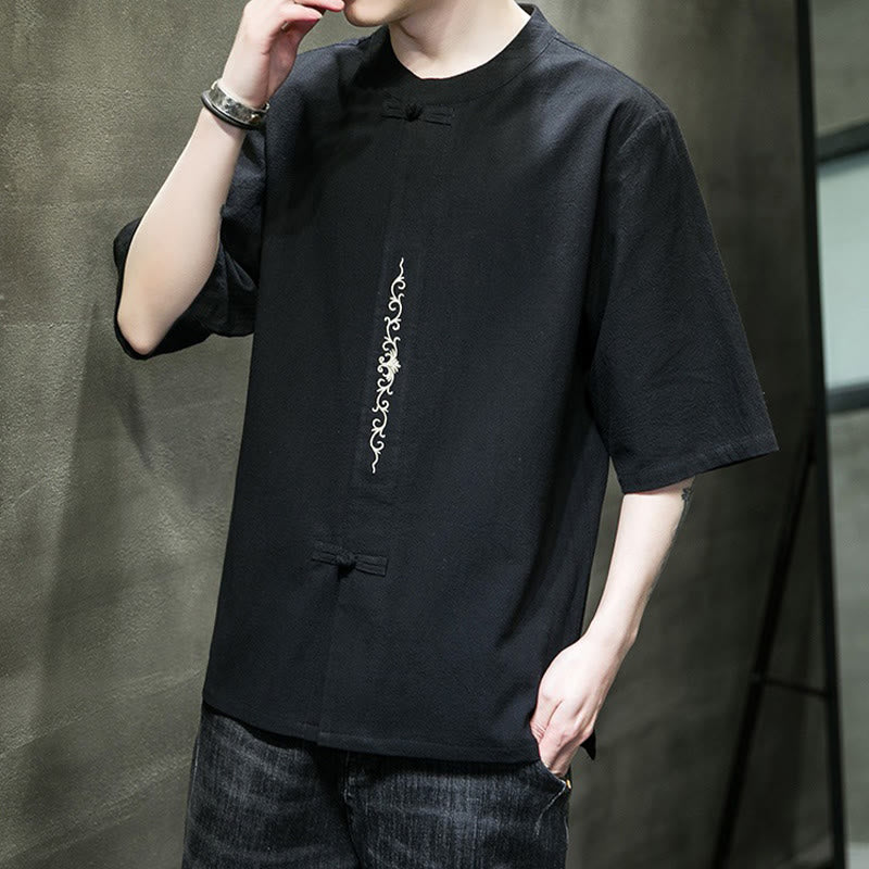 Buddha Stones Casual Jednokolorowa Żaba-Guzik Haft Męska Bawełniana Lniana Koszula Kardigan - image 20