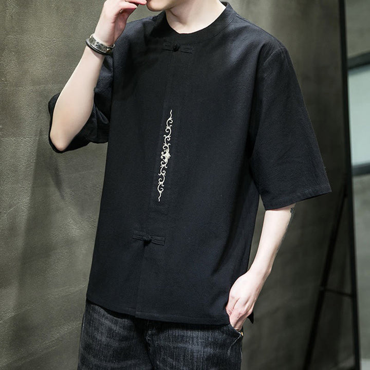 Buddha Stones Casual Jednokolorowa Żaba-Guzik Haft Męska Bawełniana Lniana Koszula Kardigan - image 20