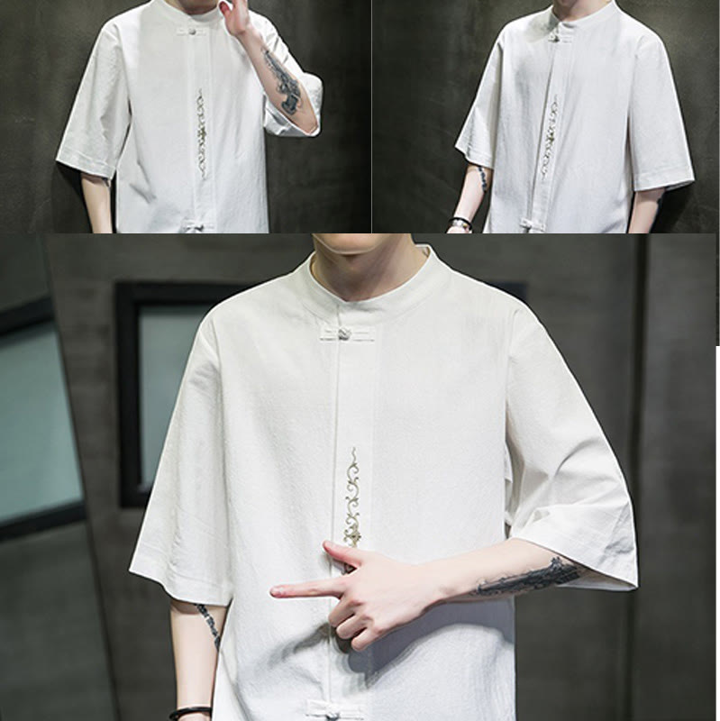 Buddha Stones Casual Jednokolorowa Żaba-Guzik Haft Męska Bawełniana Lniana Koszula Kardigan - image 32