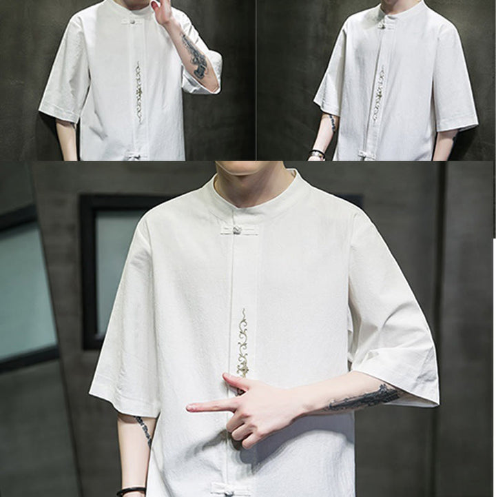 Buddha Stones Casual Jednokolorowa Żaba-Guzik Haft Męska Bawełniana Lniana Koszula Kardigan - image 32