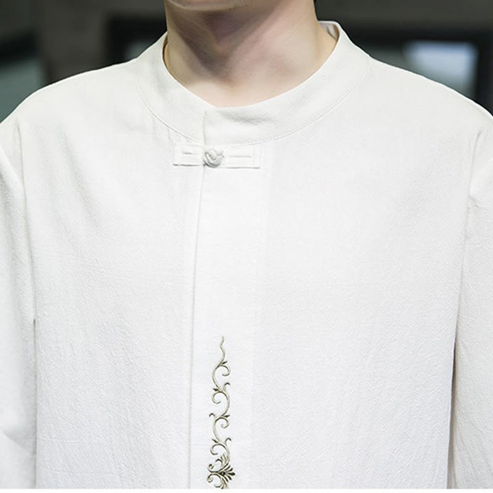 Buddha Stones Casual Jednokolorowa Żaba-Guzik Haft Męska Bawełniana Lniana Koszula Kardigan - image 30