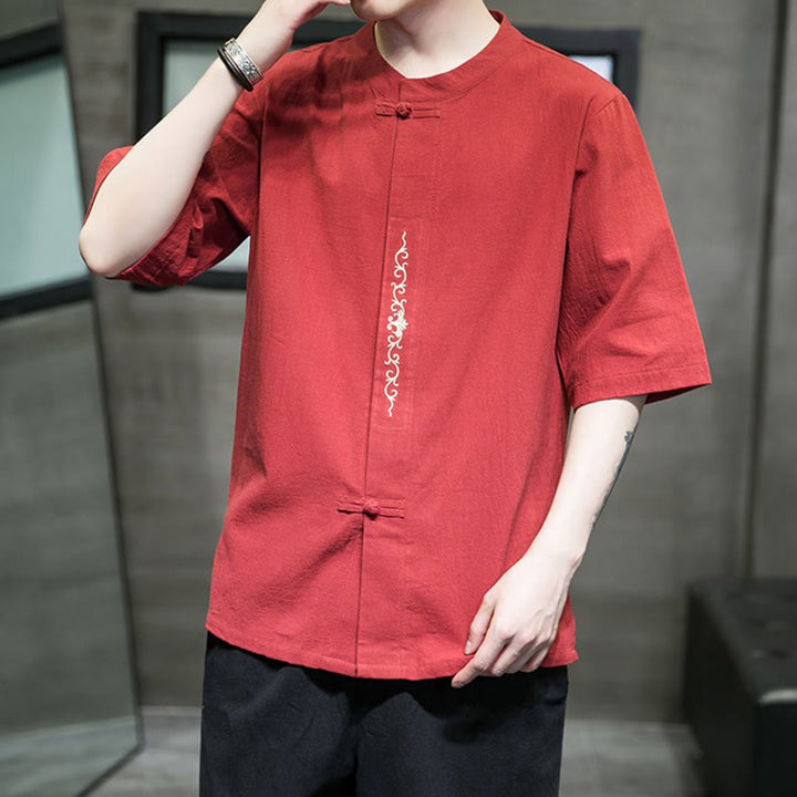 Buddha Stones Casual Jednokolorowa Żaba-Guzik Haft Męska Bawełniana Lniana Koszula Kardigan - image 11