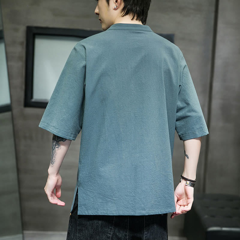 Buddha Stones Casual Jednokolorowa Żaba-Guzik Haft Męska Bawełniana Lniana Koszula Kardigan - image 3