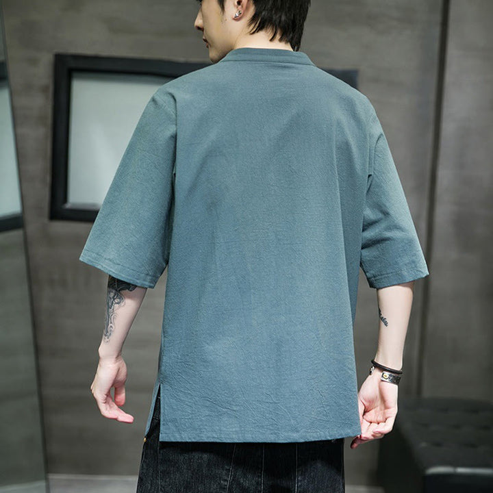 Buddha Stones Casual Jednokolorowa Żaba-Guzik Haft Męska Bawełniana Lniana Koszula Kardigan - image 3