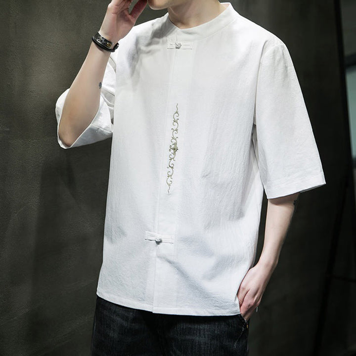 Buddha Stones Casual Jednokolorowa Żaba-Guzik Haft Męska Bawełniana Lniana Koszula Kardigan - image 27