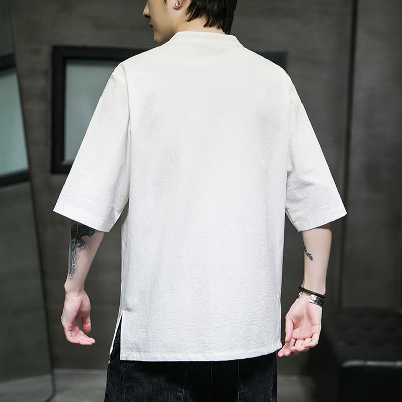 Buddha Stones Casual Jednokolorowa Żaba-Guzik Haft Męska Bawełniana Lniana Koszula Kardigan - image 26