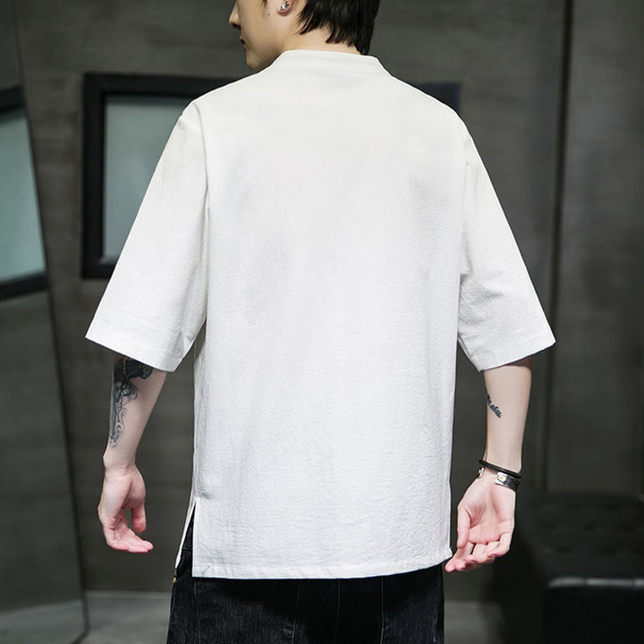 Buddha Stones Casual Jednokolorowa Żaba-Guzik Haft Męska Bawełniana Lniana Koszula Kardigan - image 26