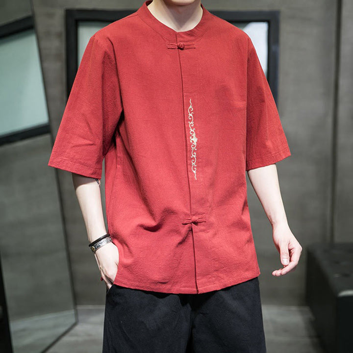 Buddha Stones Casual Jednokolorowa Żaba-Guzik Haft Męska Bawełniana Lniana Koszula Kardigan - image 10