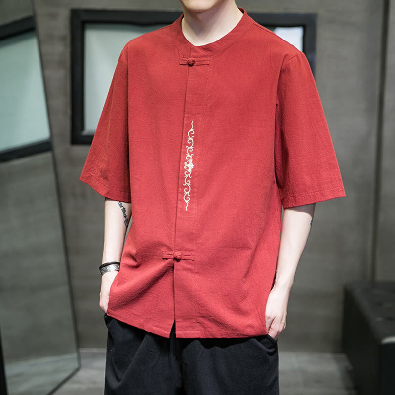 Buddha Stones Casual Jednokolorowa Żaba-Guzik Haft Męska Bawełniana Lniana Koszula Kardigan - image 13