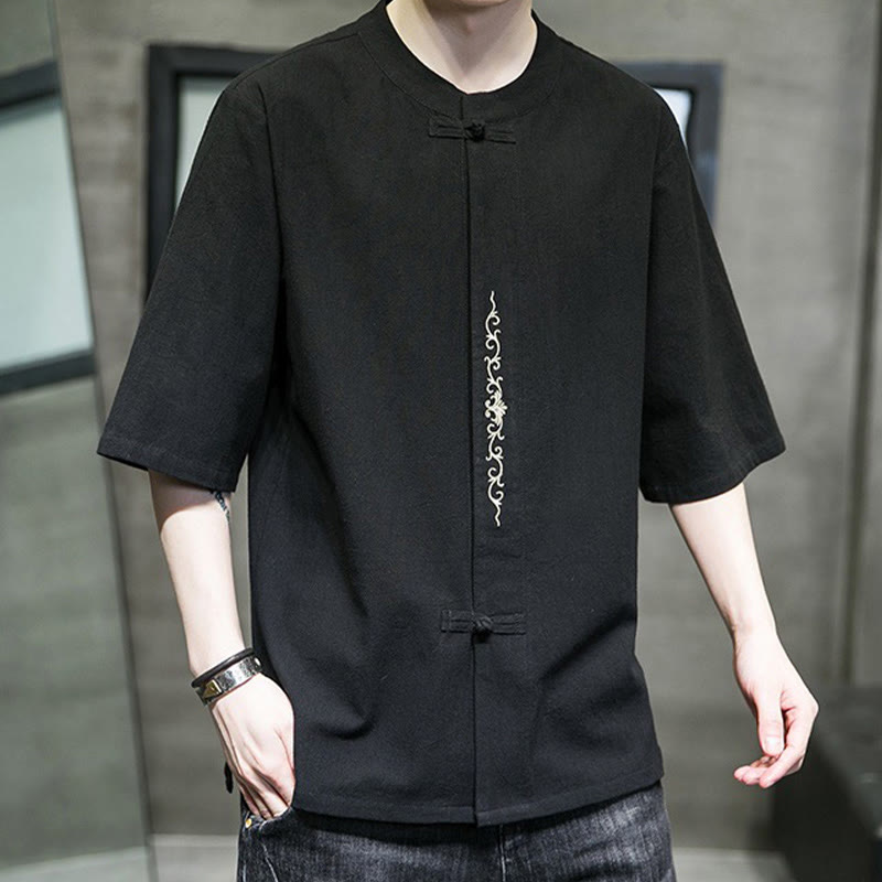 Buddha Stones Casual Jednokolorowa Żaba-Guzik Haft Męska Bawełniana Lniana Koszula Kardigan - image 23