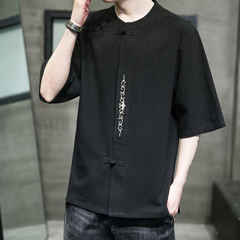 Buddha Stones Casual Jednokolorowa Żaba-Guzik Haft Męska Bawełniana Lniana Koszula Kardigan - image 18