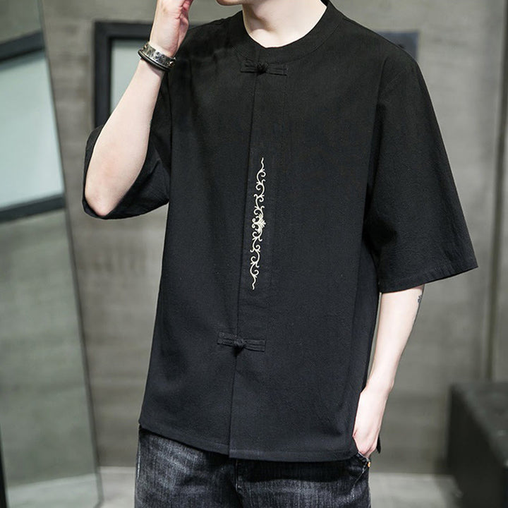 Buddha Stones Casual Jednokolorowa Żaba-Guzik Haft Męska Bawełniana Lniana Koszula Kardigan - image 18