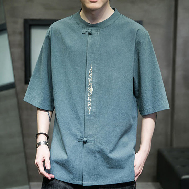 Buddha Stones Casual Jednokolorowa Żaba-Guzik Haft Męska Bawełniana Lniana Koszula Kardigan - image 7