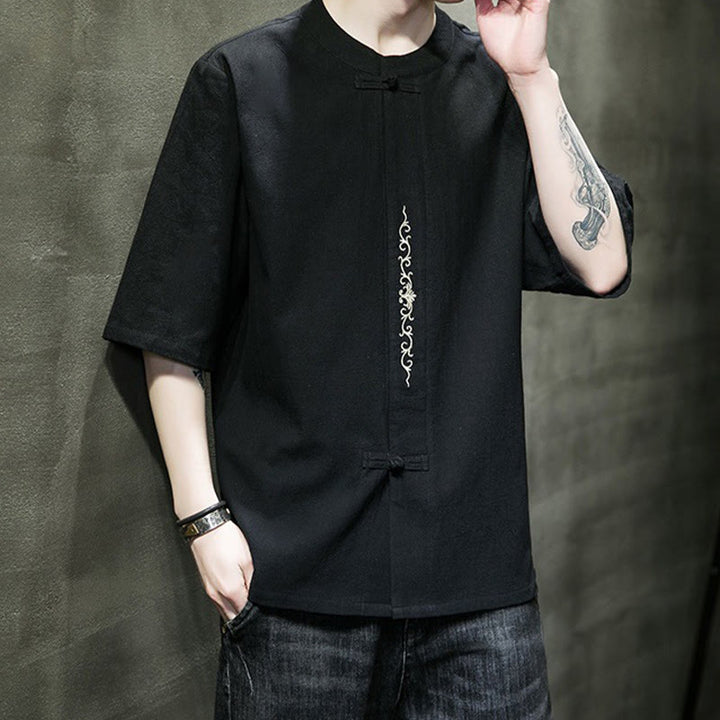 Buddha Stones Casual Jednokolorowa Żaba-Guzik Haft Męska Bawełniana Lniana Koszula Kardigan - image 22