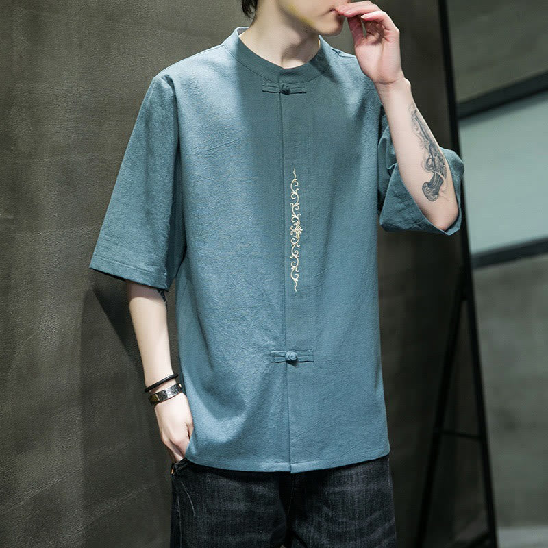 Koszula męska z bawełny i lnu z haftem w jednolitym kolorze i żabą "Buddha Stones" - image 6