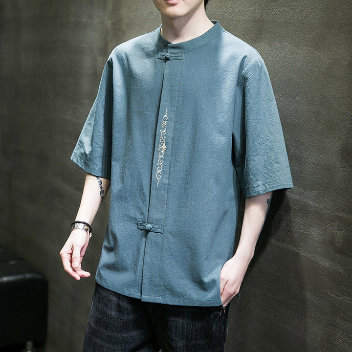 Buddha Stones Casual Jednokolorowa Żaba-Guzik Haft Męska Bawełniana Lniana Koszula Kardigan - image 1