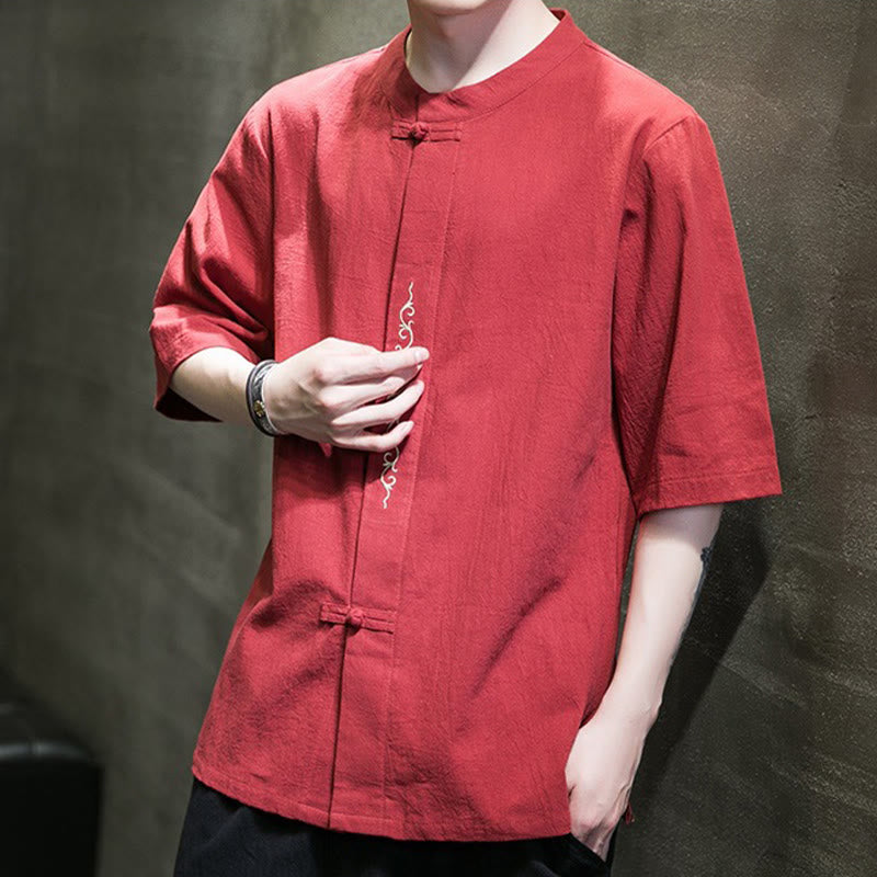 Buddha Stones Casual Jednokolorowa Żaba-Guzik Haft Męska Bawełniana Lniana Koszula Kardigan - image 14