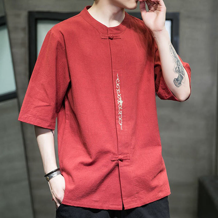 Buddha Stones Casual Jednokolorowa Żaba-Guzik Haft Męska Bawełniana Lniana Koszula Kardigan - image 12