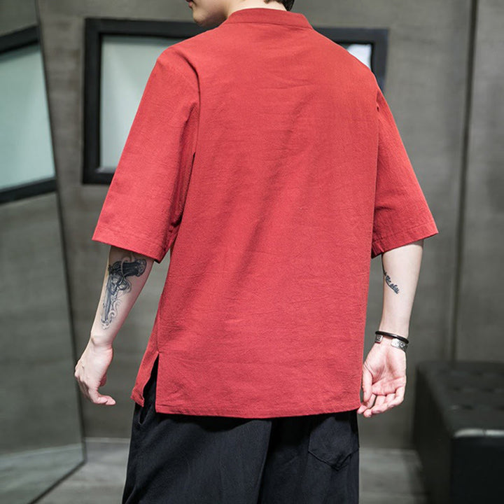 Buddha Stones Casual Jednokolorowa Żaba-Guzik Haft Męska Bawełniana Lniana Koszula Kardigan - image 15