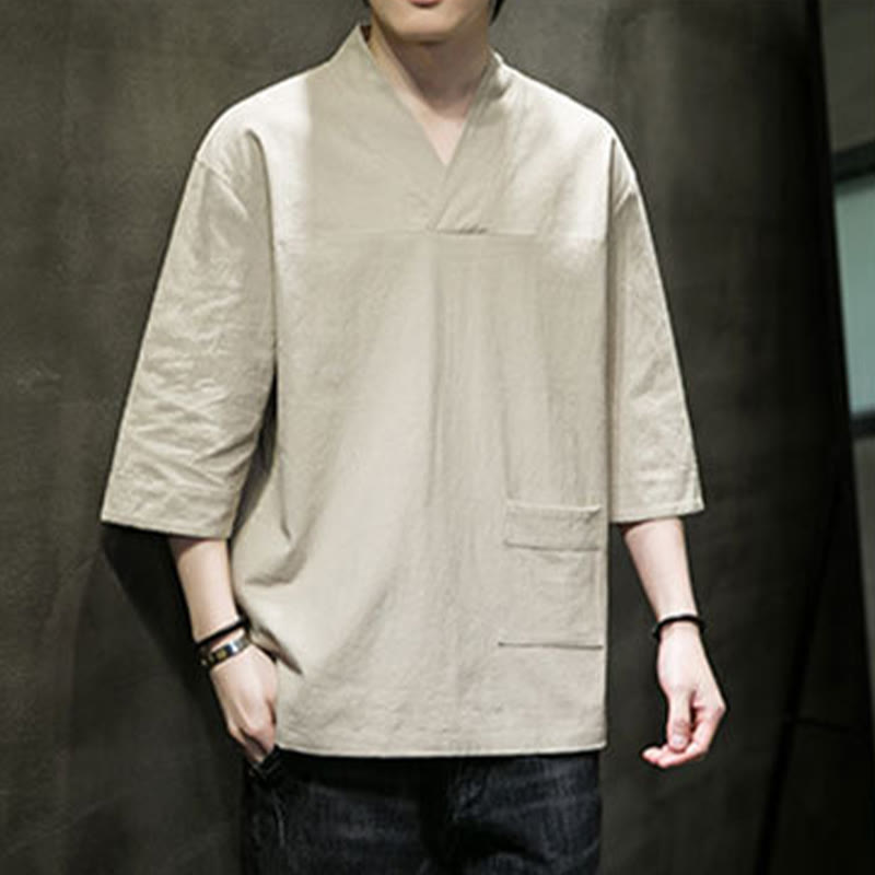 Buddha Stones Letnia swobodna prosta koszulka męska z dekoltem w serek bawełniana lniana z rękawem trzy czwarte i kieszenią z przodu - image 3