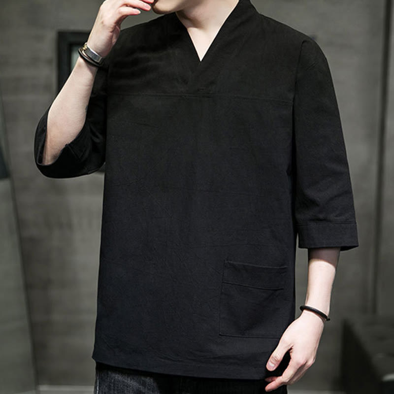 Buddha Stones Letnia swobodna prosta koszulka męska z dekoltem w serek bawełniana lniana z rękawem trzy czwarte i kieszenią z przodu - image 22