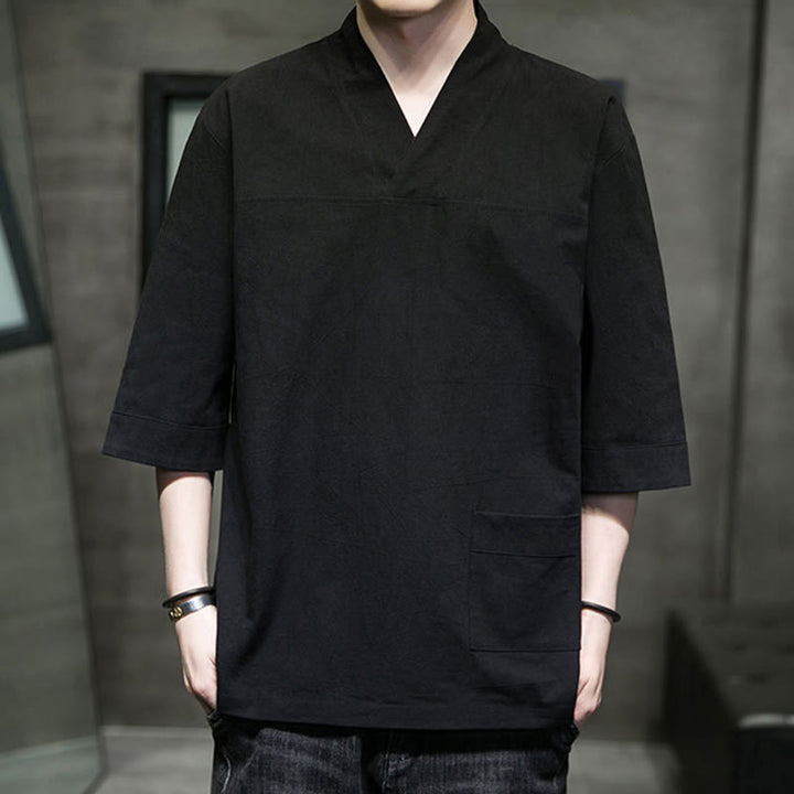 Buddha Stones Letnia swobodna prosta koszulka męska z dekoltem w serek bawełniana lniana z rękawem trzy czwarte i kieszenią z przodu - image 20