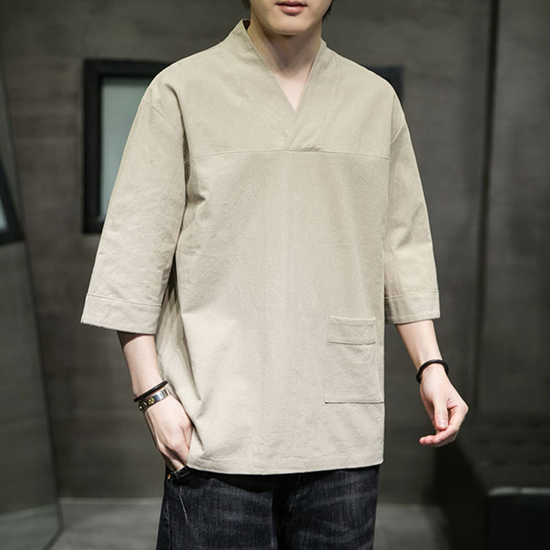 Buddha Stones Letnia swobodna prosta koszulka męska z dekoltem w serek bawełniana lniana z rękawem trzy czwarte i kieszenią z przodu - Blada nawłoć - US/UK/AU46， EU56 (5XL) - image 0