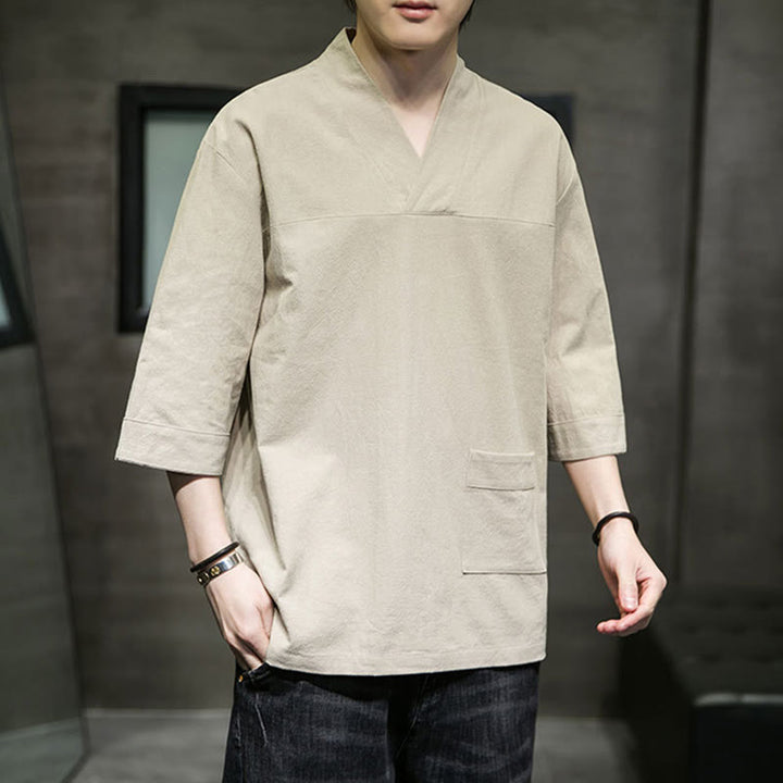 Buddha Stones Letnia swobodna prosta koszulka męska z dekoltem w serek bawełniana lniana z rękawem trzy czwarte i kieszenią z przodu - Blada nawłoć - US/UK/AU46， EU56 (5XL) - image 0