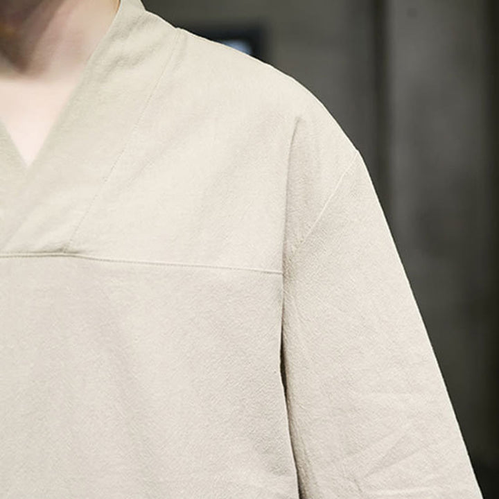 Buddha Stones Letnia swobodna prosta koszulka męska z dekoltem w serek bawełniana lniana z rękawem trzy czwarte i kieszenią z przodu - image 8