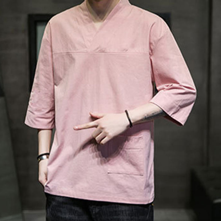 Buddha Stones Letnia swobodna prosta koszulka męska z dekoltem w serek bawełniana lniana z rękawem trzy czwarte i kieszenią z przodu - image 14