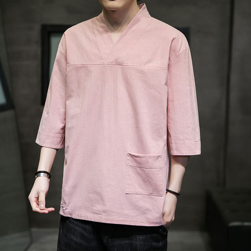 Buddha Stones Letnia swobodna prosta koszulka męska z dekoltem w serek bawełniana lniana z rękawem trzy czwarte i kieszenią z przodu - image 10