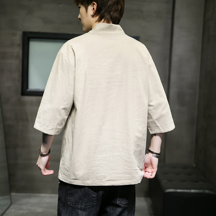 Buddha Stones Letnia swobodna prosta koszulka męska z dekoltem w serek bawełniana lniana z rękawem trzy czwarte i kieszenią z przodu - image 2