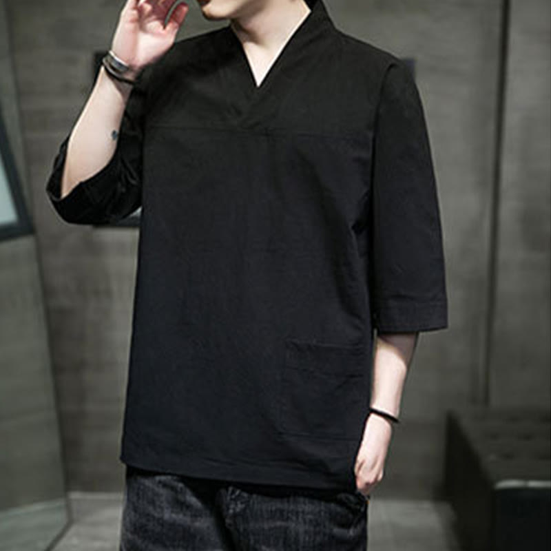 Buddha Stones Letnia swobodna prosta koszulka męska z dekoltem w serek bawełniana lniana z rękawem trzy czwarte i kieszenią z przodu - image 17