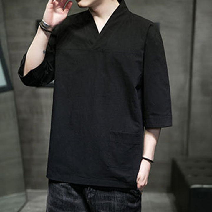 Buddha Stones Letnia swobodna prosta koszulka męska z dekoltem w serek bawełniana lniana z rękawem trzy czwarte i kieszenią z przodu - image 17