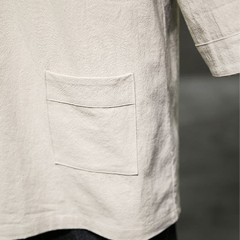 Buddha Stones Letnia swobodna prosta koszulka męska z dekoltem w serek bawełniana lniana z rękawem trzy czwarte i kieszenią z przodu - image 7