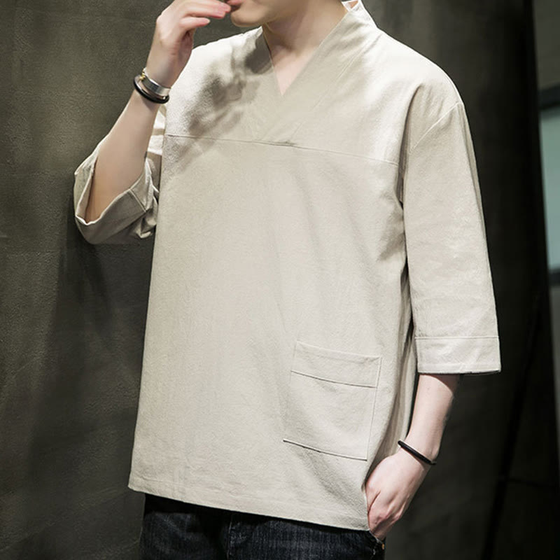 Buddha Stones Letnia swobodna prosta koszulka męska z dekoltem w serek bawełniana lniana z rękawem trzy czwarte i kieszenią z przodu - image 5