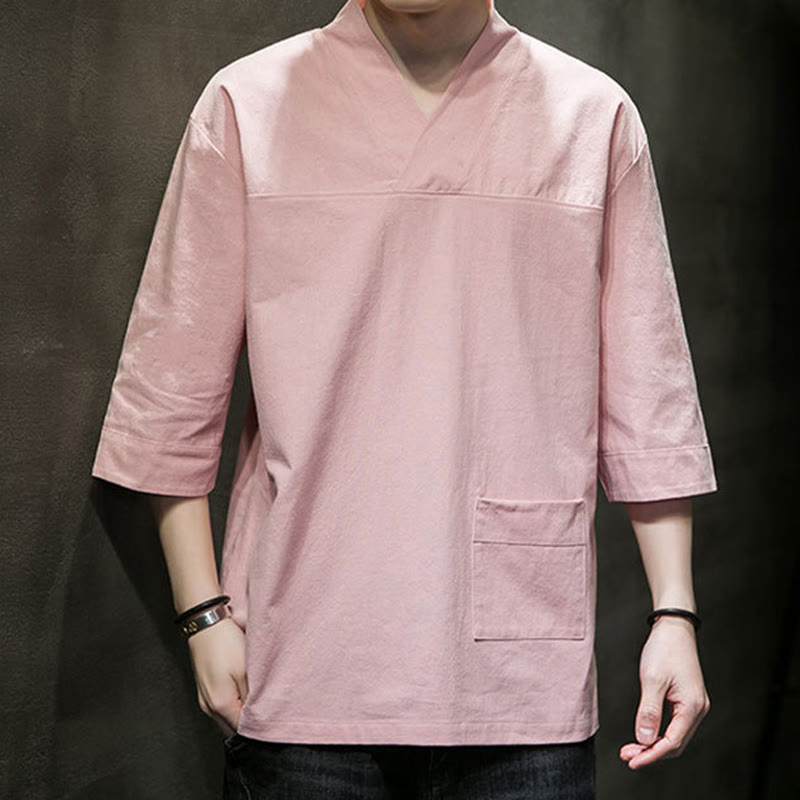 Buddha Stones Letnia swobodna prosta koszulka męska z dekoltem w serek bawełniana lniana z rękawem trzy czwarte i kieszenią z przodu - image 15