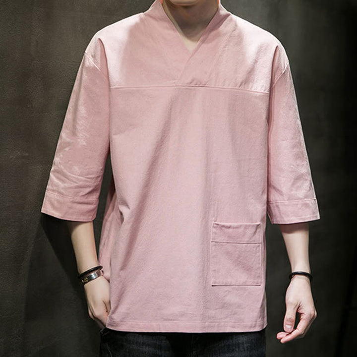 Buddha Stones Letnia swobodna prosta koszulka męska z dekoltem w serek bawełniana lniana z rękawem trzy czwarte i kieszenią z przodu - image 15