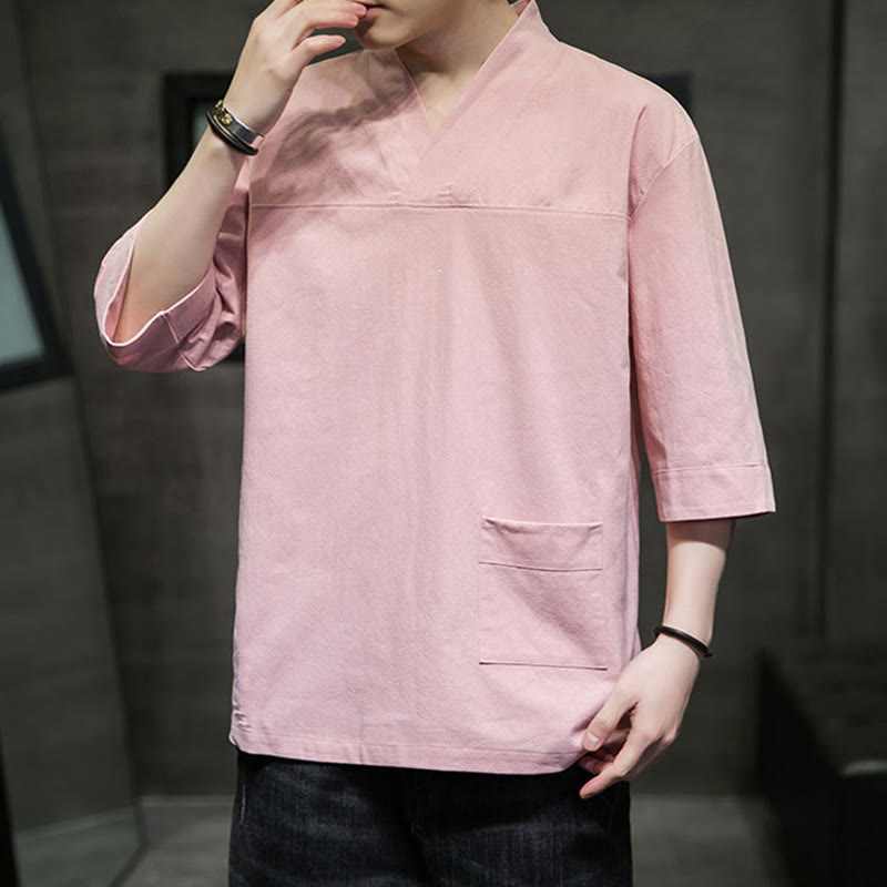 Buddha Stones Letnia swobodna prosta koszulka męska z dekoltem w serek bawełniana lniana z rękawem trzy czwarte i kieszenią z przodu - image 12