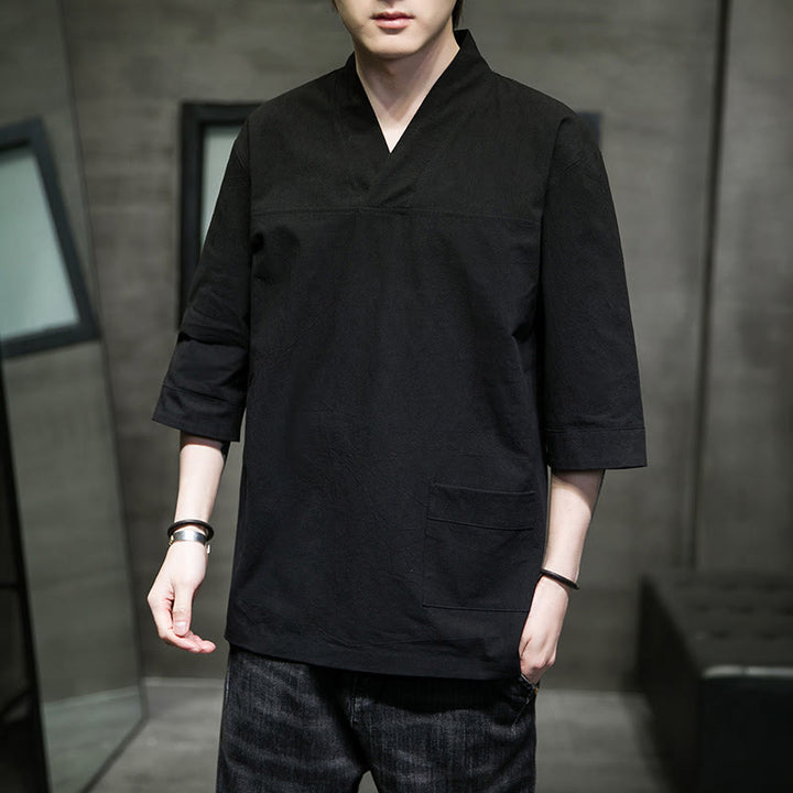 Buddha Stones Letnia swobodna prosta koszulka męska z dekoltem w serek bawełniana lniana z rękawem trzy czwarte i kieszenią z przodu - Czarny - US/UK/AU46， EU56 (5XL) - image 16