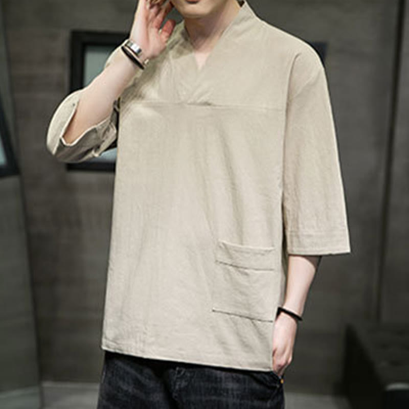 Buddha Stones Letnia swobodna prosta koszulka męska z dekoltem w serek bawełniana lniana z rękawem trzy czwarte i kieszenią z przodu - image 4